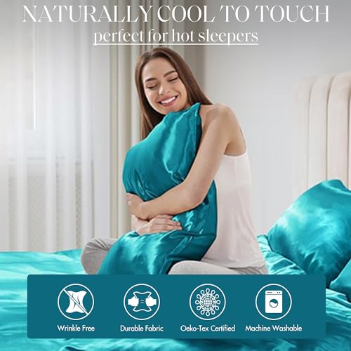 Image of Madison Park Essentials Satin Sheets Full Size Bed Set, 6 Piece, Teal | Luxury and Smooth Silky Bedding with Natural Sheen, All Around Elastic 14 inch Pocket fits up to 16 inch Mattress, Year-Round Cozy