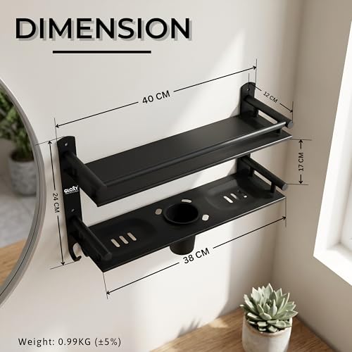 Image of GLOXY Premium Black Matt Finish Bathroom Shelf Rack - Wall Mount 4in1 Multipurpose Double Soap Stand for Bathroom with Toothpaste Holder - Bathroom Fittings Accessories Set with Multipurpose Hooks