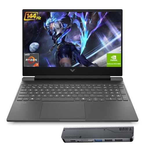 Image of HP Victus RTX 5060 Gaming Laptop, 15.6 inch FHD 144Hz, AMD Ryzen AI 7 350, 32GB DDR5 RAM, 1TB SSD, Holiday Edition, RGB Backlit KB, RJ-45, Bundle with Thunderobot 7-in-1 USB-C Hub, Black, Win 11 Home