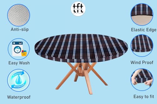 Image of The Furnishing Tree Round Elastic Fitted Dining Table Cover WxL 54x54 Inches Checkered Pattern Grey