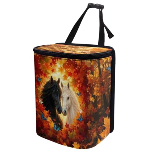 Image of Talayituse Horse Maple Butterfly Print Car Trash Can Portable Auto Garbage Bin Multifunctional Vehicle Interior Accessories with Adjustable Straps Universal Fit Truck SUV Sedan Autumn Decor