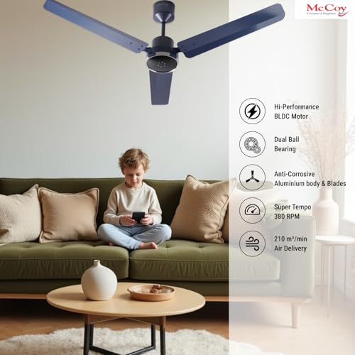 Image of McCoy Velox BLDC Ceiling Fan, 30W, Energy Efficient, 1200mm, 3 Blade, Hi Performance BLDC Motor, 3Year Warranty (Indigo Blue)