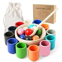 Vicloon Rainbow Balls in Cups Toddler Montessori Toys, Wooden Sorting Stacking Toys, Baby Early Education Toys for Learning Color Sorting and Counting, Baby Sensory Ball Feeding Game