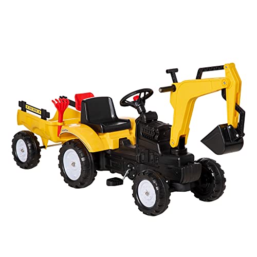 HOMCOM Tractor a Pedales para Niños de 3-6 Años Excavadora Correpasillos con Pala Delantera y Remolque Extraíble Carga 35 kg 163x42x71 cm Amarillo