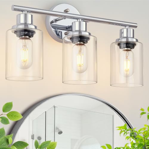 Image of 3-Light Bathroom Light Fixtures, Modern Chrome Vanity Lights for Bathroom with Clear Glass Shade, Wall Lamps for Mirror Hallway Kitchen Cabinet Living Room Sconces Lights
