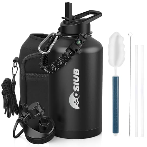 Insulated Water Bottle 64 oz, Triple Wall Vacuum Stainless Steel(Cold for 48 Hrs),Leak Proof & BPA-Free,Half Gallon Water Bottle with Reflective Paracord & Flip Straw for Sports & Travel, Black