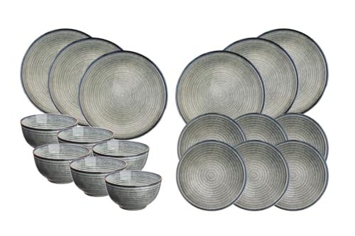 BJORN SR-LEZEN26 Service de Table ZEN Natural, Grès avec Émail Réactif, Gris Bleuté, 18 Pièces pour 6 Personnes, Compatible Lave-vaisselle et Micro-ondes
