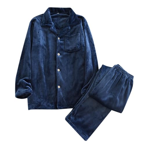 JiXiang Men Pajama Set Lightweight Fleece Long Sleeve Button-Down Sleepwear Soft Comfy Two-Piece Plush Warm Thick Lounge Set2