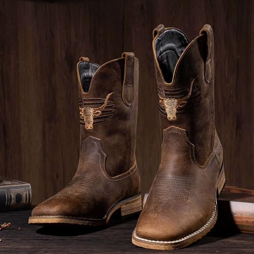 Image of Winbird Cowboy Boots For Men Wide Square Toe Western Slip Resist Mens Boots | Vegan /Genuine Leather Retro Country Patriot Pull On Chunky Heel Boots for Spring Fall, Botas Vaqueras Para Hombre
