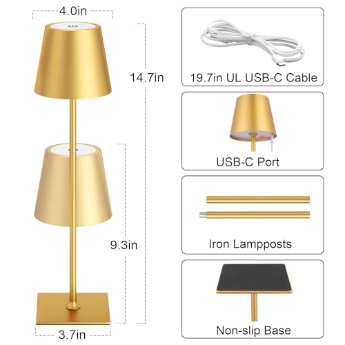Image of Kakanuo Gold Cordless Rechargeable Table Lamp 5000mAh Battery Operated Lamps, 3 Colors Stepless Dimming Touch Lamp for Living Room, Kitchen Counter, Dining, Outdoor Patio, 2 Pack