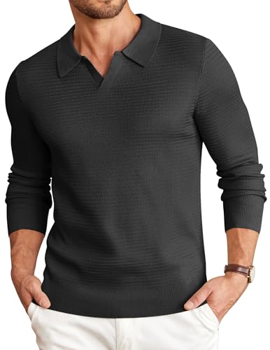 COOFANDY Mens Knit Polo Sweater V-Neck Long Sleeve Textured Lightweight Casual Dress Pullover Fall Sweaters