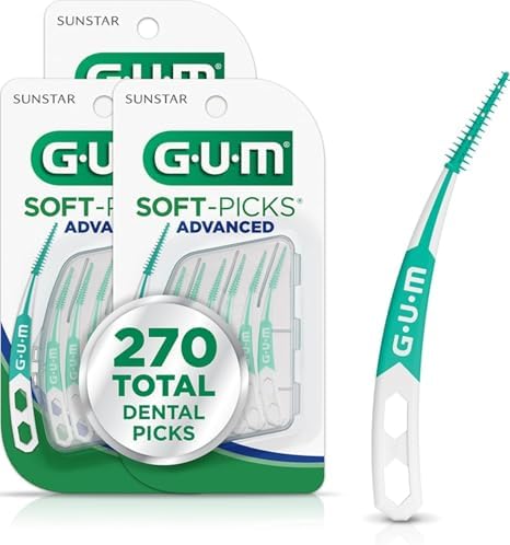 GUM Soft-Picks Advanced - Easy-to-Use Interdental Picks for Plaque Removal & Gum Health with Carry Case, Dentist Recommended, 90 Count (Pack of 3) 270 Total | Soft bristles, Longer curved handle, Safe for braces & bridges, Latex and wire free, Includes travel case, Disposable picks