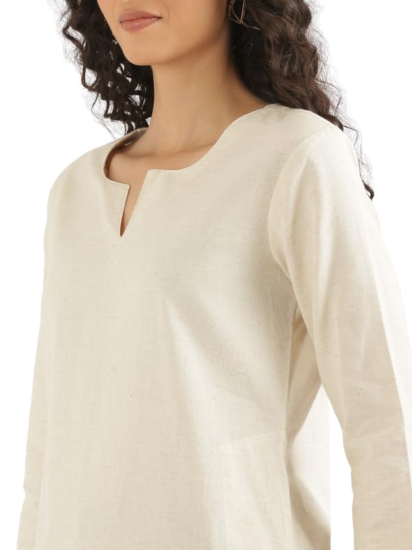 Image of SAADAA Airy Linen Mid Thigh Length Kurta for Women | Stylish Split Neck, 3 /4 Sleeves & Side Pockets | Comfortable Everyday Wear Kurta | Breathable Fabric |