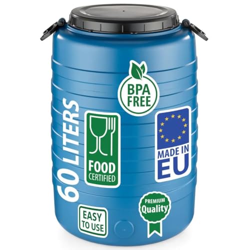 F & R Regentonne 60l mit Griffen mit Deckel HDPE lebensmittelecht Stabiler Wasserbehälter Regenfass Wassertank Garten Frischwassertank