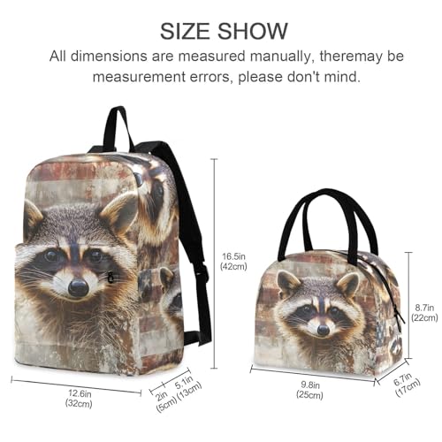 American Raccoon Print Backpack Set with Lunch Bag, Large Capacity Travel Backpacks and Lunch Box Insulated for Commute Hiking Picnic2