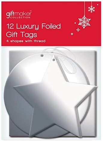 12 x Foil Christmas Xmas Present Shaped Gift Tags in Red Silver or Gold, Silver