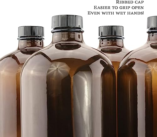 Cornucopia 32-Ounce Amber Kombucha Growler Bottles (4-Pack); 1 Quart Boston Round Glass Bottles W/ 6 Polycone Phenolic Lids For Home Brewing #TOP7