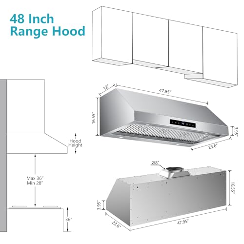 Image of 48 inch Under Cabinet Range Hood 1500 CFM with 4-Speed Gesture Sensing & Touch Control, Stainless Steel Kitchen Stove Vent Hoods with 4 LED lights, Time Setting, Dishwasher-Safe Baffle Filters