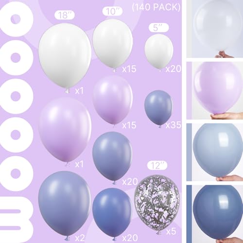 Image of PartyWoo Purple Balloon Arch Kit Garland 140 pcs Shades of Purple Lavender Lilac Balloons Different Sizes of 18 12 10 5 Inch for Baby Shower Butterfly Wedding Birthday Fairy Party Decorations