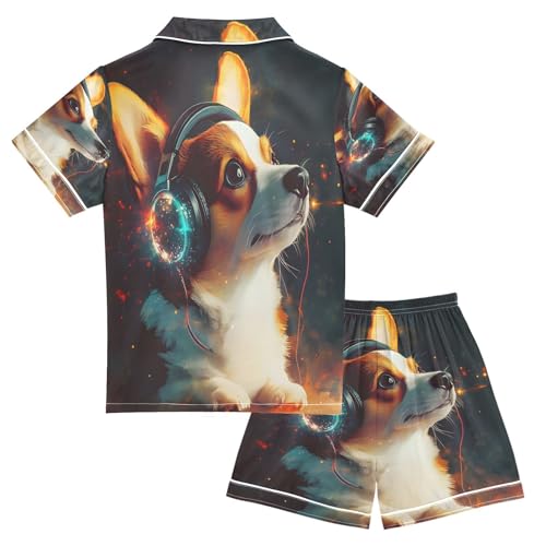ALAZA Dog with Headphones Satin Pajamas Set Short Sleeve Button Down Sleepwear Summer Pjs 2 Piece2