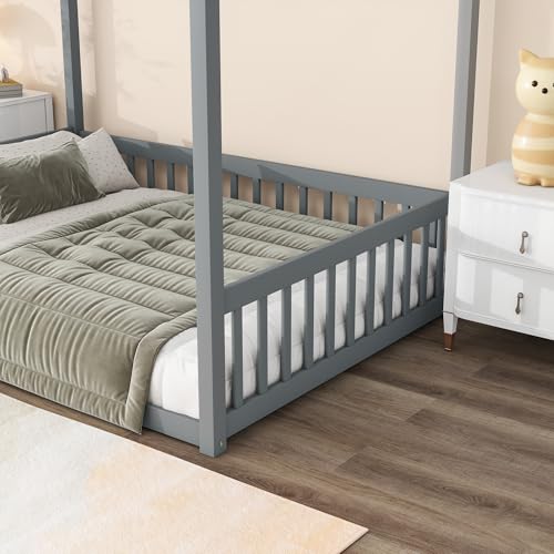 Image of Full Size 4-Posters Canopy Bed Frame with Fence Guardrails, Rubber Wood Montessori Floor Platform Bed for Kids Teens Girls Boys, No Box Spring Needed (Grey-02)