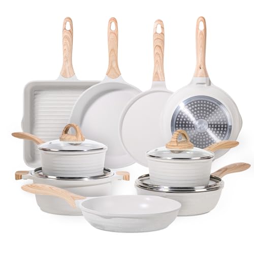 Image of JEETEE 23pcs Pots and Pans Set Non Stick, White Cookware Sets for Kitchen, w/Frying Pans, Saucepans, Sauté & Griddle & Crepe Pan, Induction Cooking Pots (PFOA/PFAS/PFOS Free)