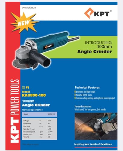 Image of KPT Angle Grinder, 800W, 100mm, Blue, Includes Grinding Wheel, Spanner, Side Handle