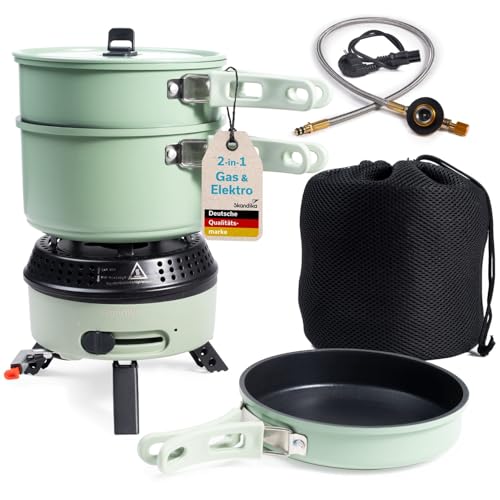 Skandika Hornillo de camping Rask | Hornillo híbrido para camping, 2 en 1, funciona con electricidad o gas, encendido piezoeléctrico, con utensilios de cocina (verde)