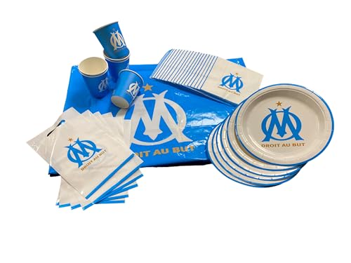 OLYMPIQUE DE MARSEILLE Pack 39 pièces OM : Nappe 130 x 180 cm, Gobelet 6, Assiette 6, Serviette 20, Sac à Bonbons 6 - Collection Officielle Blanc et Bleu Abstract Football/OM
