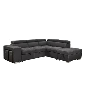 105 Sectional Sofa with Adjustable Headrest Sleeper Sectional Pull Out Couch Bed with Storage Ottoman and 2 Stools