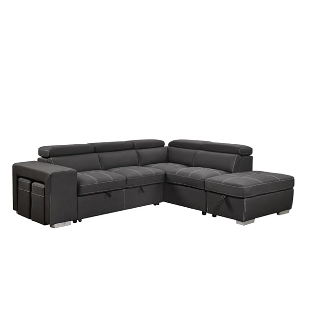105 Sectional Sofa with Adjustable Headrest Sleeper Sectional Pull Out Couch Bed with Storage Ottoman and 2 Stools