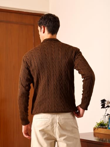 Image of Kvetoo Men's Wool High Neck Zipper Sweater, Full Sleeve Cable Knit Quarter Zip Winter Pullover