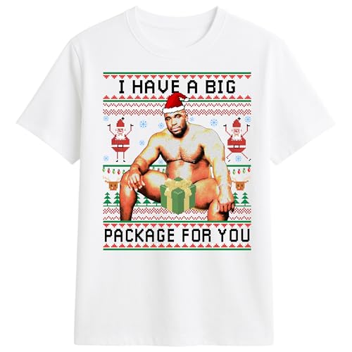 PB TECH Barry Sitting On A Bed Big Package Ugly Funny Christmas T-Shirt - I Have a Big Package for You Barry Wood T-Shirt, Secret Santa Idea for Christmas (UK, Alpha, L, Regular, Regular) White