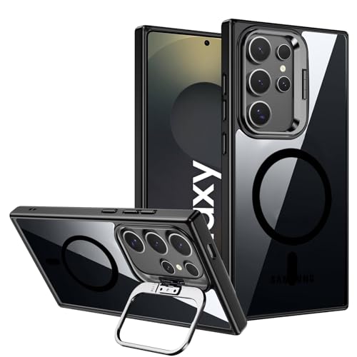 Image of VONZEE PC Compatible for Samsung S25 Ultra 5G Case,with Wireless Charging,(Not Compatible with Magsafe)Protective Case,Built-in Stash Stand Phone Case,Scratch-Resistant Back Cover,|Clear Black