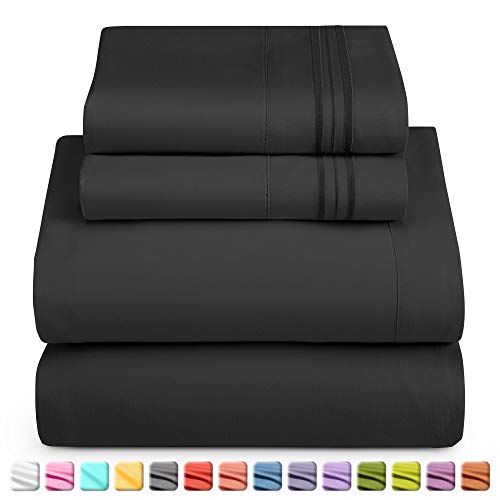 Image of Nestl Short Queen Bed Sheet Set - Black - 4-Piece Deep Pocket | Instantly Soft, Night-One Ready (No Wash Required). Fits 16-Inch Deep Pockets, 360-Degree Elastic Grip
