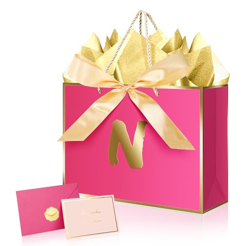 Personalized Gift Bag with Card and Tissue Paper, 12.6" Paper Bag with Ribbon for Women Girls Birthday Anniversary Wedding Bridesmaid (Hot Pink, N)