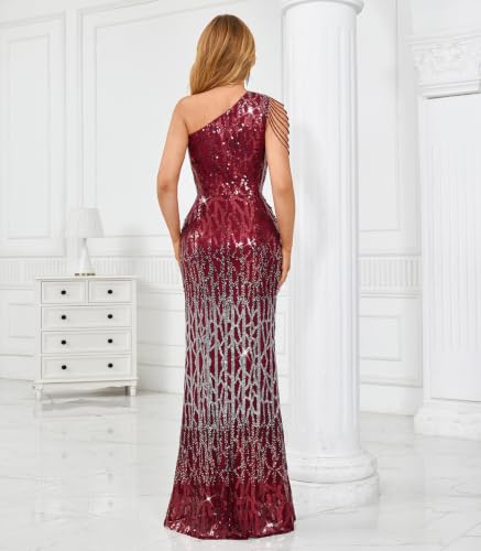 Image of Cololura Women Sequin Elegant Sexy One Shoulder Tassel Mermaid Bodycon Cocktail Evening Dress