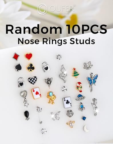 OUFER Nose Rings Studs, 20G Nose Rings Hoops, Random 10PCS Nose Piercing Jewelry, 316L Surgical Steel Nose Ring, Nose Studs for Women4