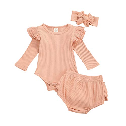 3Pcs Newborn Baby Girls Cotton Romper Long Sleeve Bodysuit Jumpsuit Floral Shorts Headband Outfits Set (a-Pink, 6-12 Months)