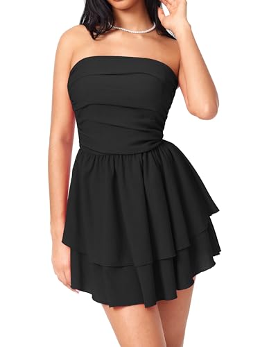 Image of CIDER Women's Summer Cocktail Dress - Tube Ruched Ruffle Mini Dress | Strapless, Country Concert, Western Cowgirl Outfits