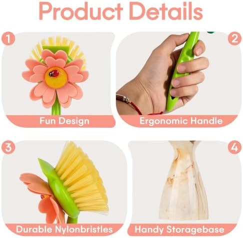 Flower Dish Brush Set with Marble Pattern Holder Base Yellow — 사진 3