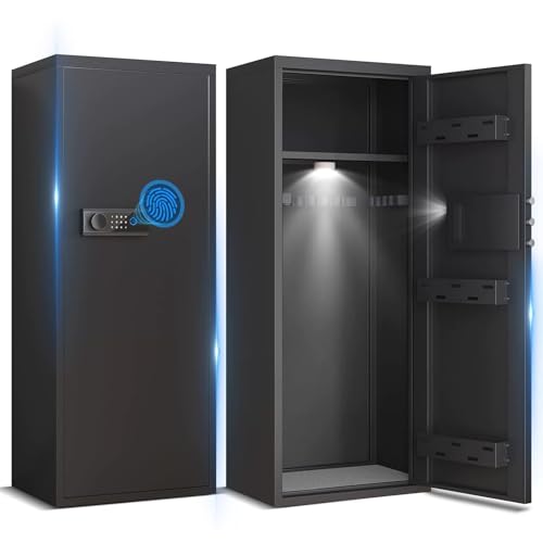 Grand coffre-fort biométrique pour 10 à 12 fusils, construction entièrement en acier, accès électronique par mot de passe et empreintes digitales, lumière LED, rangement sécurisé pour armes à feu et