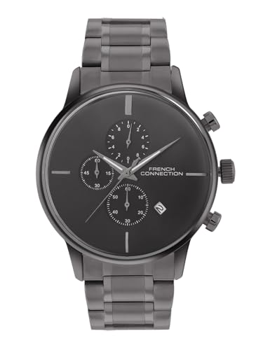 Image of French Connection Grey Embossed Round Dial | Gun Stainless Steel Mesh Strap Chronograph Watch for Mens FCO5GNM