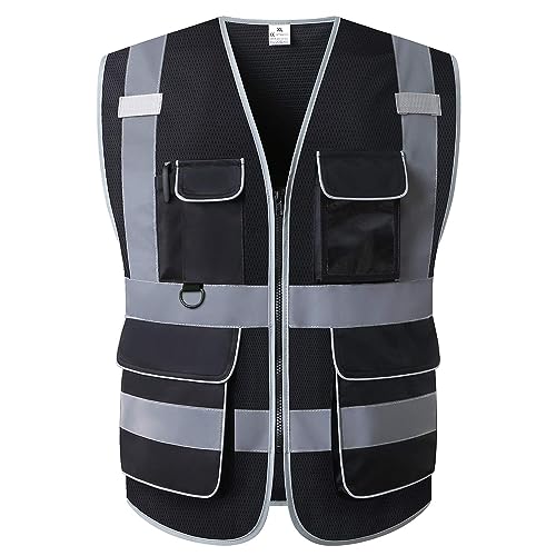 UNINOVA High Visibility Safety Vest - Multi Pockets Reflective Mesh Breathable Workwear, ANSI/ISEA Standards (UK-Black01,X-Large)