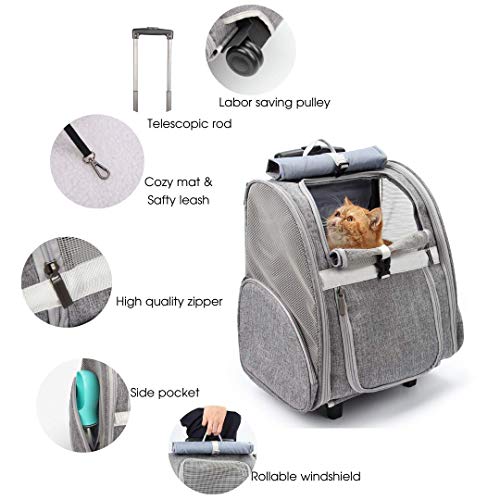 Image of LOLLIMEOW Pet Rolling Carrier, Dog Backpack with Wheels,Cats,Puppies Travel Bag with Wheels,Dog TrolleyiE†Greyia€