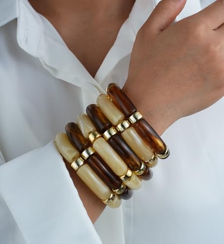 iF YOU 6pcs Chunky Acrylic Bangle Bracelets for Women, Resin Bamboo Bead Stretchy Bracelet Stack, Fashion Jewelry for Women3