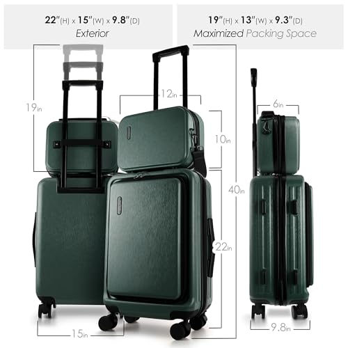Image of 22 Inch Carry On Luggage 22x14x9 Airline Approved, Small Carry On Suitcase, Hard-shell Carry-on Luggage with Wheels, Durable Expandable Emerald Green Luggage Carry-On with Cosmetic Case