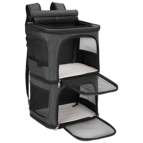 FASRIOU Katzenrucksack für 2 Katzen bis 12kg, Katzentransportbox für 2 Katzen, Große Haustier Rucksack für kleine Hunde, Katzentransporter mit Abnehmbarer Matte und atmungsaktivem Mesh, Schwarz