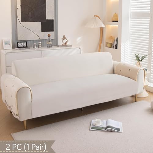 Image of HOKIPO Premium Dutch Velvet Anti-Slip Armrest Cover for Sofa, 1 Pair, Gentle Cream (NEW-AR-5742-CRM*2)