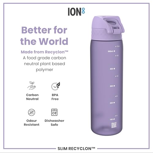Ion8 Water Bottle, 500 ml/18 oz, Leak Proof, Easy to Open, Secure Lock, Dishwasher Safe, BPA Free, Hygienic Flip Cover, Carry Handle, Fits Cup Holders, Easy Clean, Carbon Neutral, Purple - Image 4